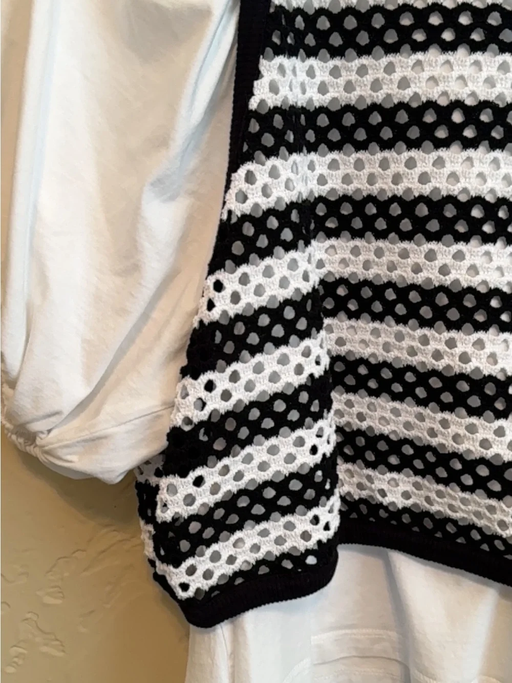 Zara Black and White Striped Crochet Layered Blouse